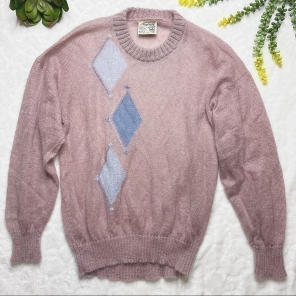 Vintage 80s Aspiring New Zealand Mohair Pullover Argyle Sweater Rapaki Mahana L